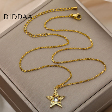 Pentimate Pendant Necklace | Gold Zirconia Star Chain - Gold - Necklaces