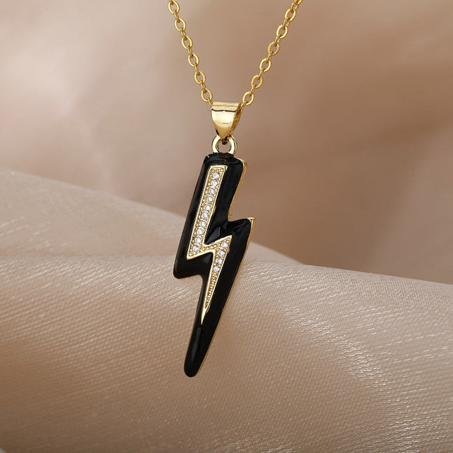 Shimmer Pendant Necklace | Gold Black Lightning Bolt Chain - Black - Necklaces