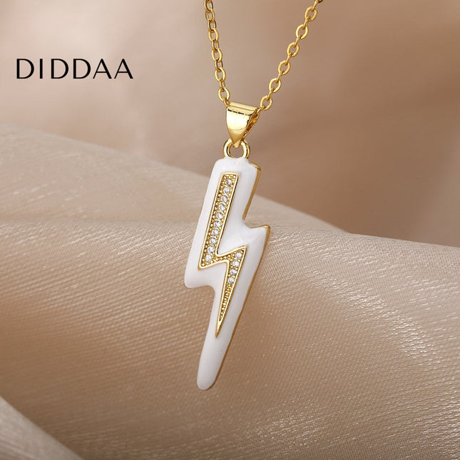 Shimmer Pendant Necklace | Gold Black Lightning Bolt Chain - White - Necklaces