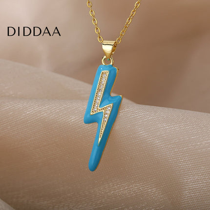 Shimmer Pendant Necklace | Gold Black Lightning Bolt Chain - Blue - Necklaces