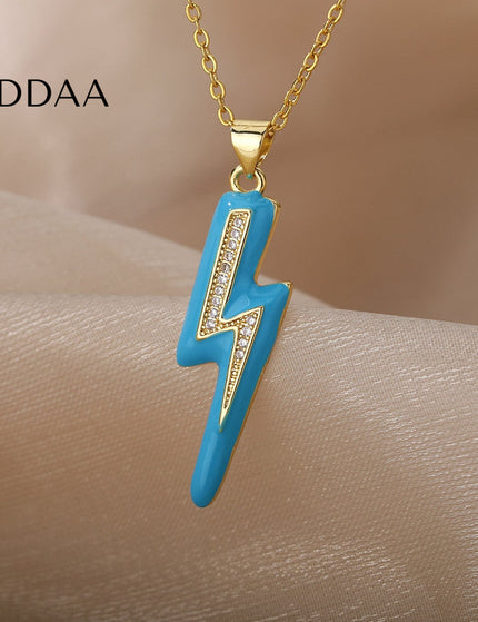 Shimmer Pendant Necklace | Gold Black Lightning Bolt Chain - Blue - Necklaces
