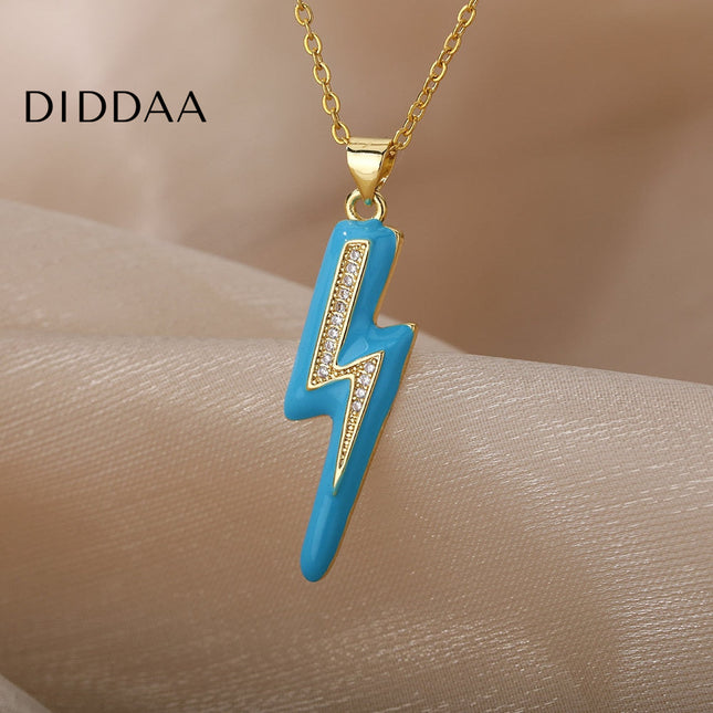 Shimmer Pendant Necklace | Gold Black Lightning Bolt Chain - Blue - Necklaces