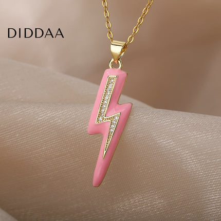 Shimmer Pendant Necklace | Gold Black Lightning Bolt Chain - Pink - Necklaces