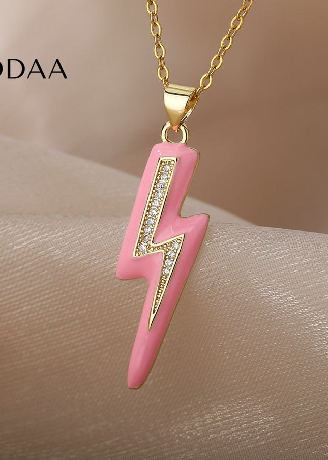 Shimmer Pendant Necklace | Gold Black Lightning Bolt Chain - Pink - Necklaces