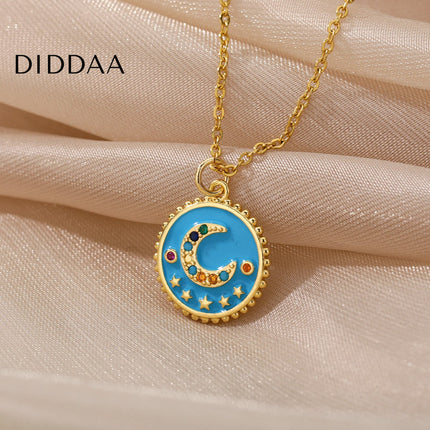Bohemian Pendant Necklace | Gold Black Half Moon Chain - Blue - Necklaces