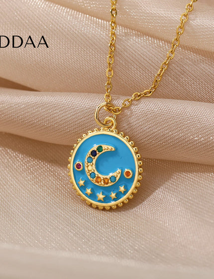 Bohemian Pendant Necklace | Gold Black Half Moon Chain - Blue - Necklaces