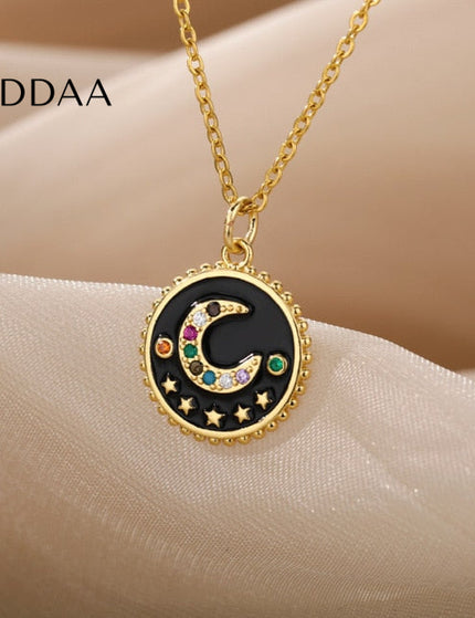 Bohemian Pendant Necklace | Gold Black Half Moon Chain - Black - Necklaces