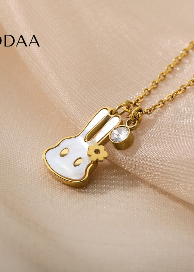 Bunny Pendant Necklace | Gold White Pearl Animal Zirconia Chain - Gold - Necklaces