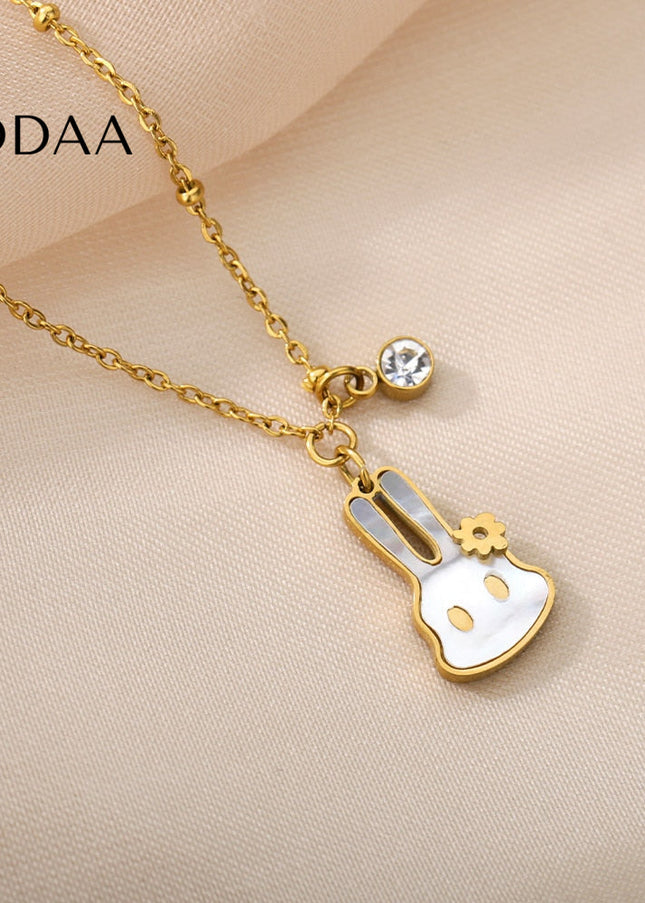 Bunny Pendant Necklace | Gold White Pearl Animal Zirconia Chain - Gold - Necklaces