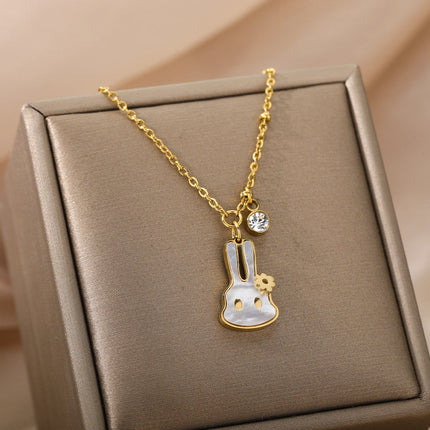 Bunny Pendant Necklace | Gold White Pearl Animal Zirconia Chain - Gold - Necklaces