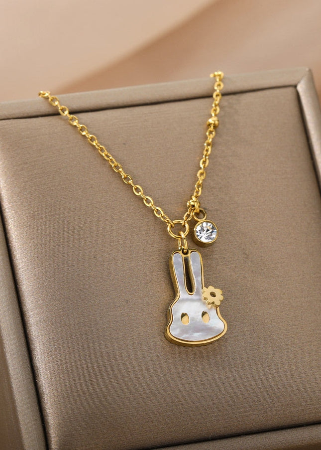 Bunny Pendant Necklace | Gold White Pearl Animal Zirconia Chain - Gold - Necklaces