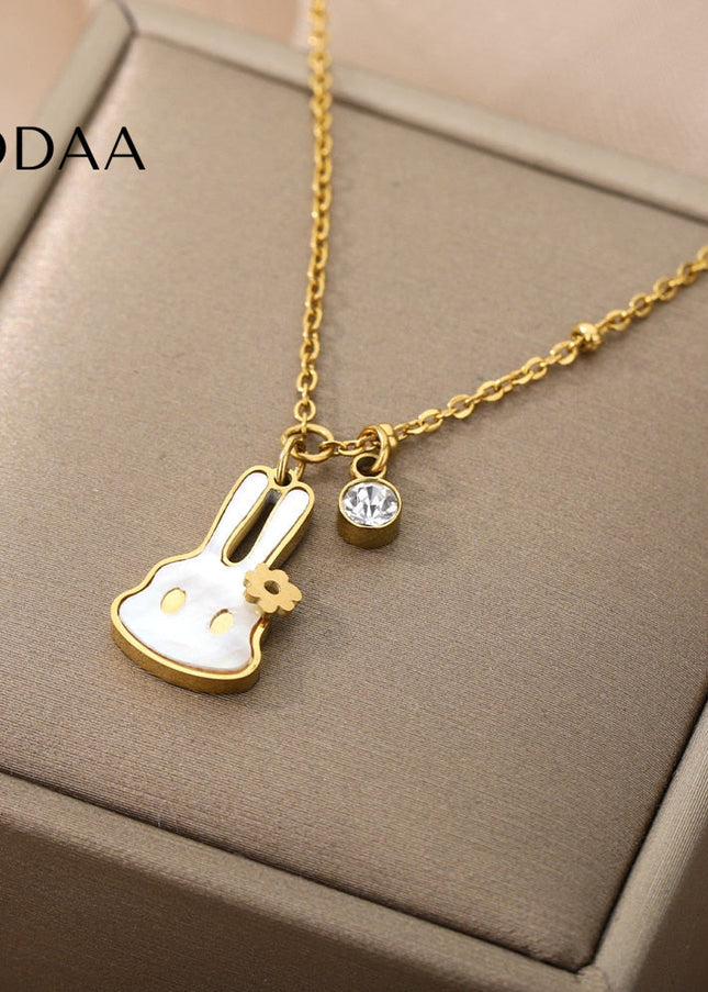 Bunny Pendant Necklace | Gold White Pearl Animal Zirconia Chain - Gold - Necklaces