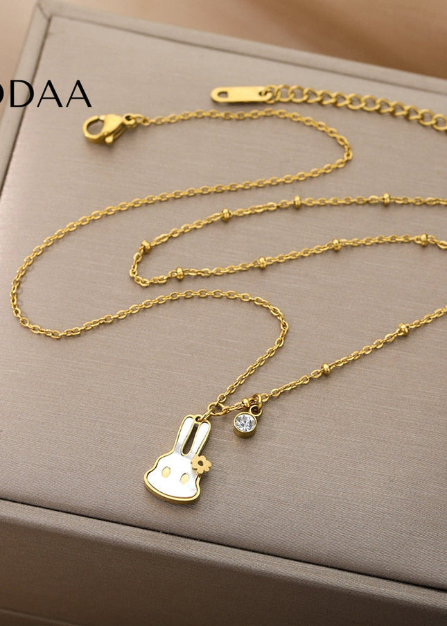 Bunny Pendant Necklace | Gold White Pearl Animal Zirconia Chain - Gold - Necklaces