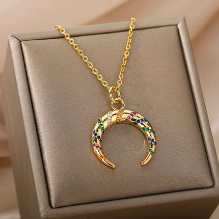 Votre Pendant Necklace | Gold Half Moon Colorful Stone Chain - Gold - Necklaces