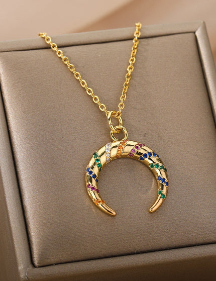 Votre Pendant Necklace | Gold Half Moon Colorful Stone Chain - Gold - Necklaces