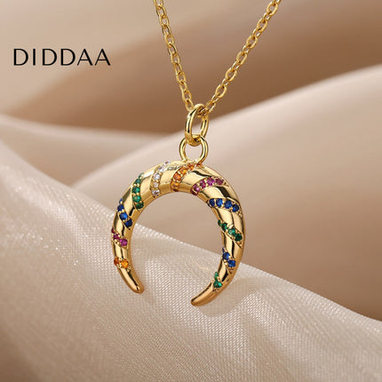 Votre Pendant Necklace | Gold Half Moon Colorful Stone Chain - Gold - Necklaces