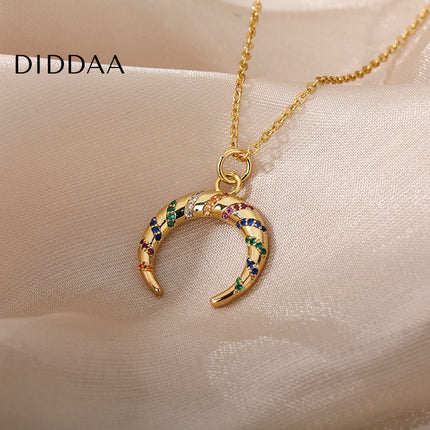 Votre Pendant Necklace | Gold Half Moon Colorful Stone Chain - Gold - Necklaces