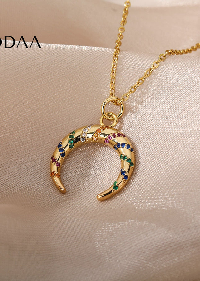 Votre Pendant Necklace | Gold Half Moon Colorful Stone Chain - Gold - Necklaces