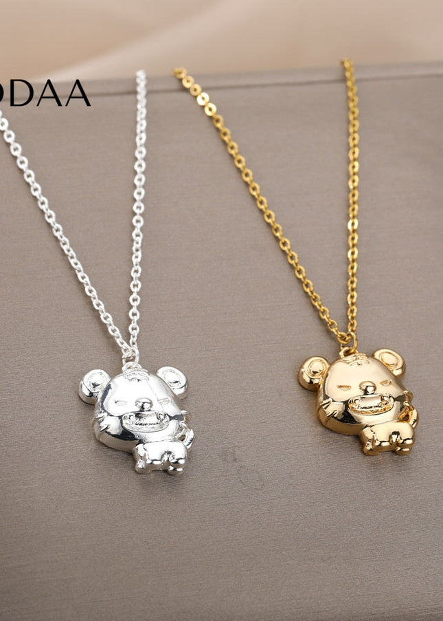 Grumpy Pendant Necklace | Gold Silver Bear Animal Chain - Silver - Necklaces