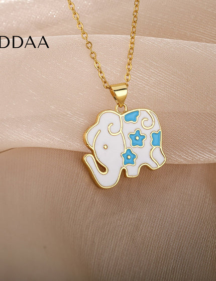 Tribunal Pendant Necklace | Gold Black Blue Elephant Animal Chain - White - Necklaces