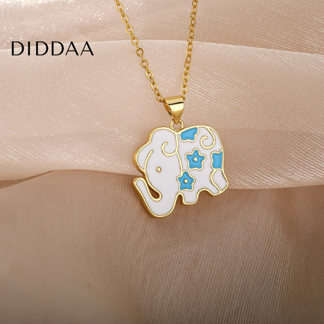 Tribunal Pendant Necklace | Gold Black Blue Elephant Animal Chain - White - Necklaces