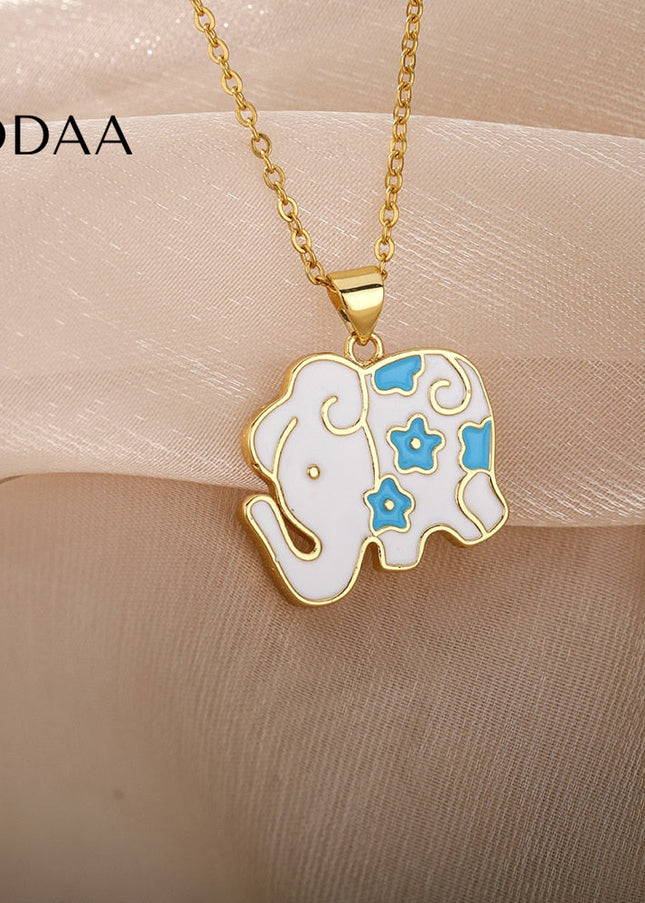 Tribunal Pendant Necklace | Gold Black Blue Elephant Animal Chain - White - Necklaces