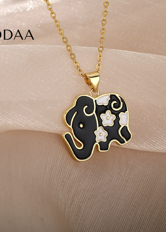 Tribunal Pendant Necklace | Gold Black Blue Elephant Animal Chain - Black - Necklaces