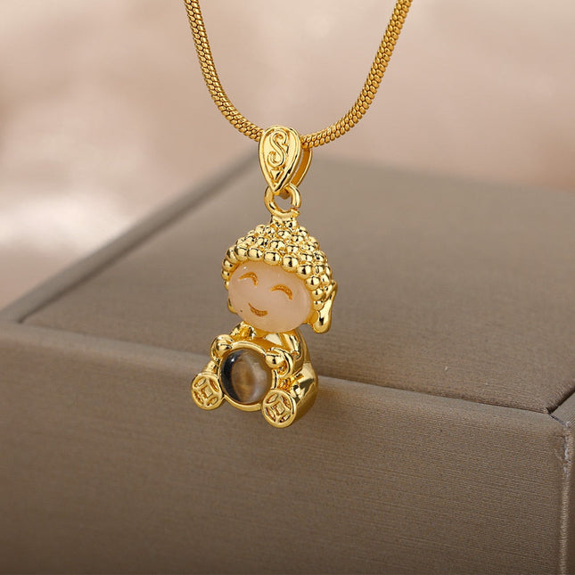 Buddha Pendant Necklace | Gold Opal Chain - Gold - Necklaces