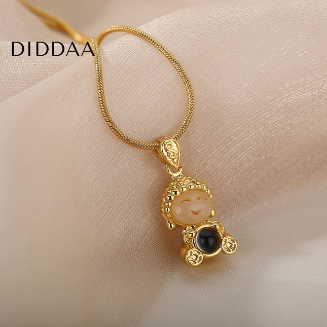 Buddha Pendant Necklace | Gold Opal Chain - Gold - Necklaces