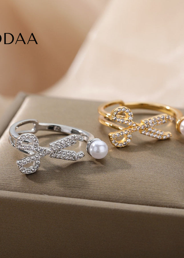 Austin Ring | Gold Zirconia Pearl Scissors Cocktail Ring - Adjustable / Silver - Rings