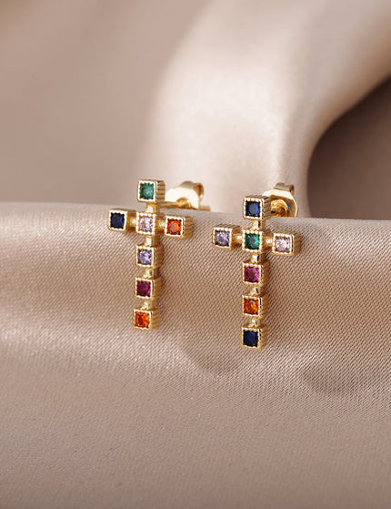 SOUVOIR Multicolor 14K Gold Plated, Zirconia Earrings Puero Earrings | Gold Cross Zirconia Stud Earrings