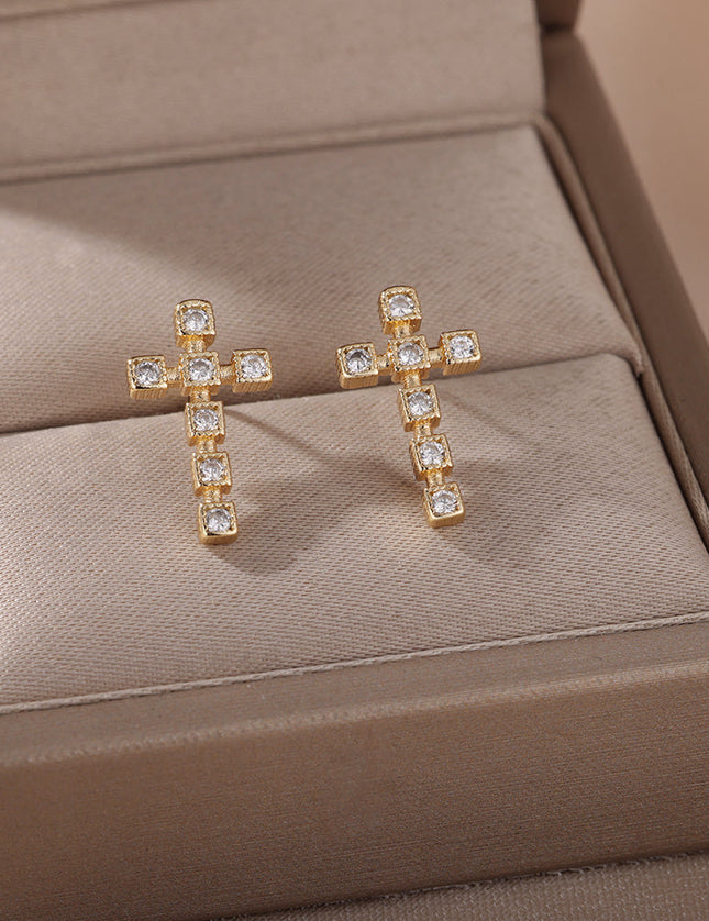 SOUVOIR 14K Gold Plated, Zirconia Earrings Puero Earrings | Gold Cross Zirconia Stud Earrings