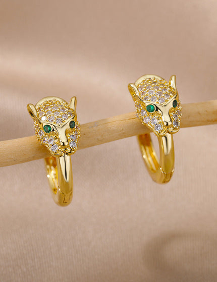 SOUVOIR Gold 14K Gold Plated, Zirconia Earrings Verde Earrings | Gold Zirconia Panther Animal Hoop Earrings