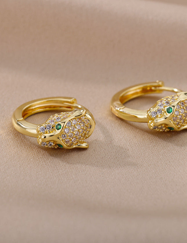 SOUVOIR 14K Gold Plated, Zirconia Earrings Verde Earrings | Gold Zirconia Panther Animal Hoop Earrings