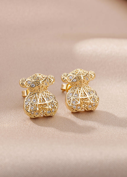 SOUVOIR 14K Gold Plated, Zirconia Earrings Matilda Earrings | Gold 3D Bear Zirconia Stud Earrings