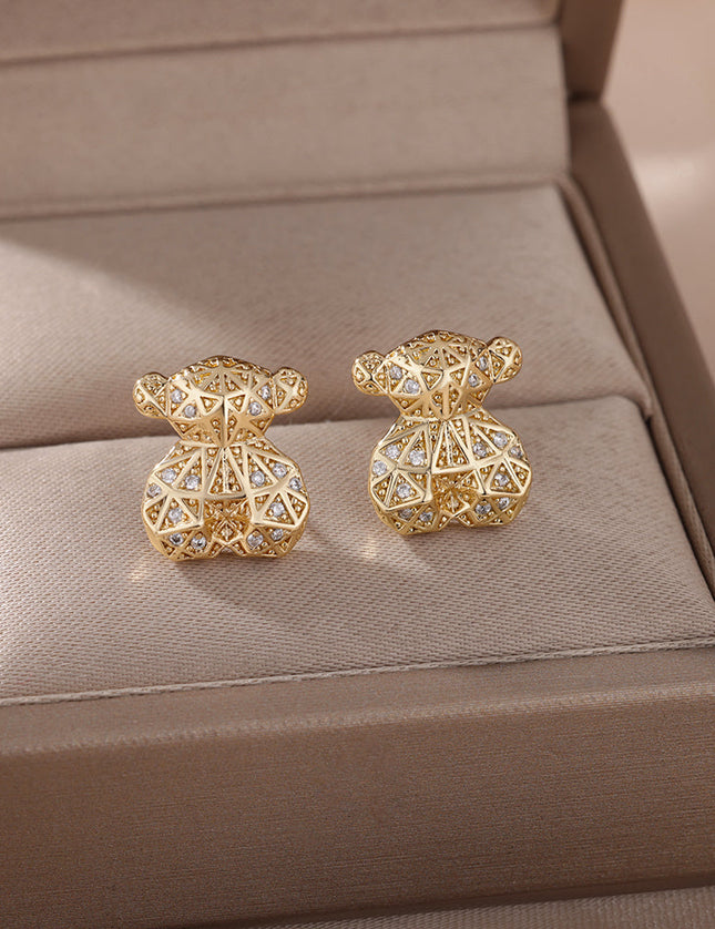 SOUVOIR Gold 14K Gold Plated, Zirconia Earrings Matilda Earrings | Gold 3D Bear Zirconia Stud Earrings