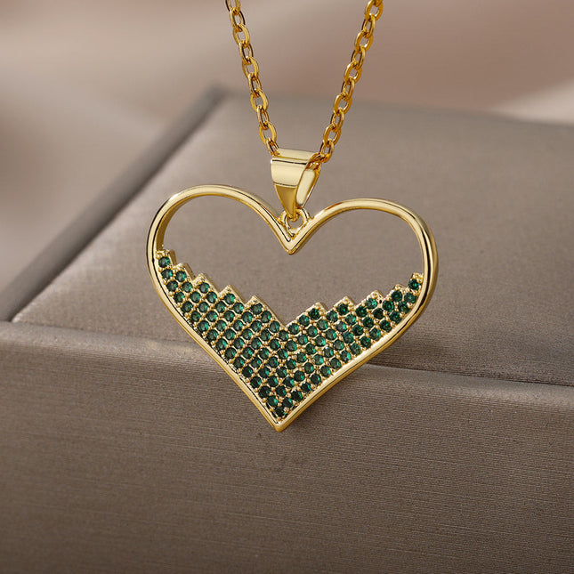 SOUVOIR Green SOUVOIR Necklaces Labasa Pendant Necklace | Gold Zirconia White Stone Heart Chain