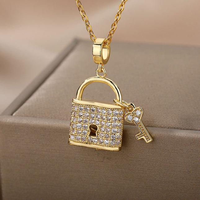 SOUVOIR Gold 14K Gold Plated, Zirconia Necklaces Tuvalu Pendant Necklace | Gold Zirconia Lock & Key Chain