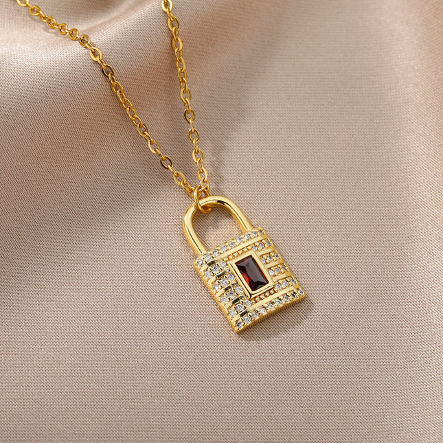 SOUVOIR 14K Gold Plated, Zirconia Necklaces Safe Pendant Necklace | Gold Zirconia Red Stone Lock Chain