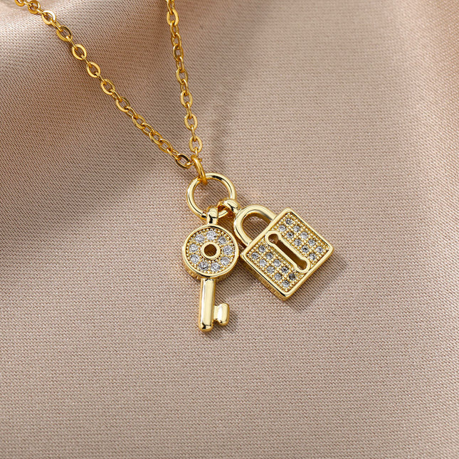 SOUVOIR 14K Gold Plated, Zirconia Necklaces Kept Pendant Necklace | Gold Lock & Key Zirconia Chain