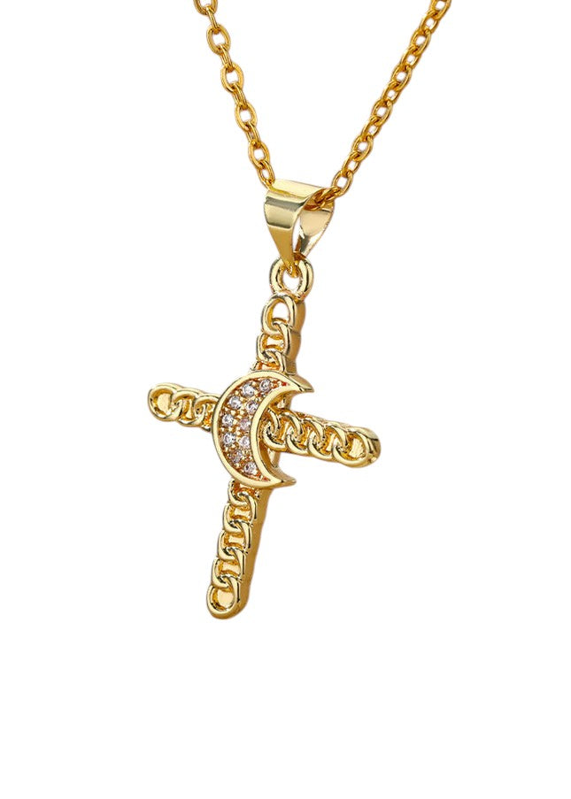 Brulee Pendant Necklace | Gold Cross Half Moon Zirconia Chain