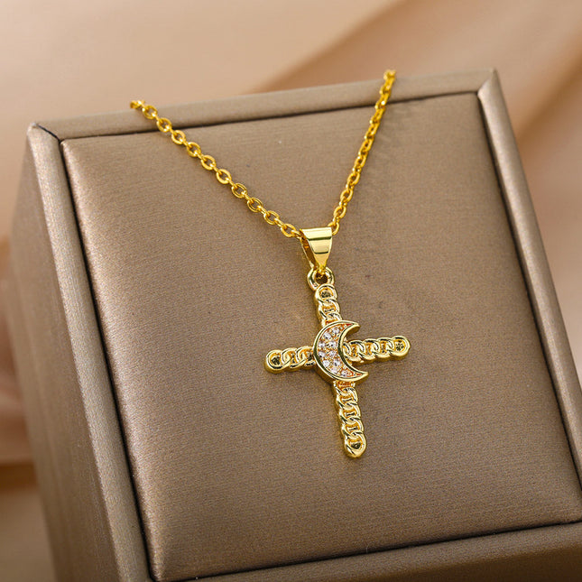 House of Shakespeare Gold 14K Gold Plated, Zirconia Necklaces Brulee Pendant Necklace | Gold Cross Half Moon Zirconia Chain
