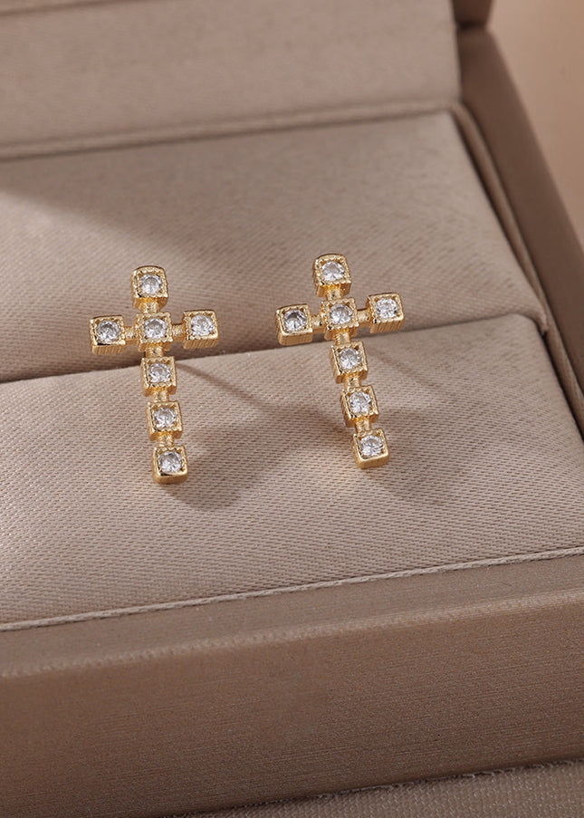 SOUVOIR 14K Gold Plated, Zirconia Earrings Puero Earrings | Gold Cross Zirconia Stud Earrings