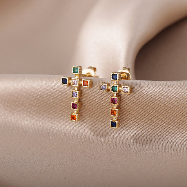SOUVOIR Multicolor 14K Gold Plated, Zirconia Earrings Puero Earrings | Gold Cross Zirconia Stud Earrings