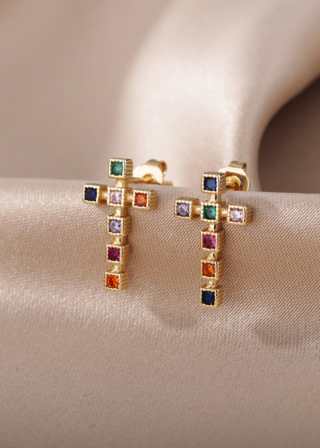 SOUVOIR Multicolor 14K Gold Plated, Zirconia Earrings Puero Earrings | Gold Cross Zirconia Stud Earrings
