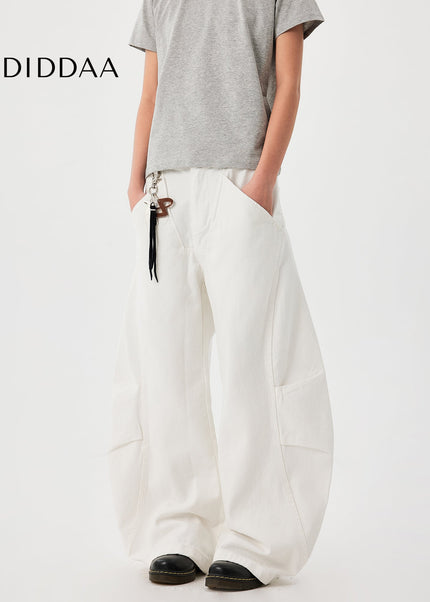 Pure White Wide Leg Curved Knife Work Pants - Men’s Jeans