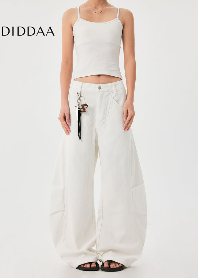 Pure White Wide Leg Curved Knife Work Pants - Men’s Jeans