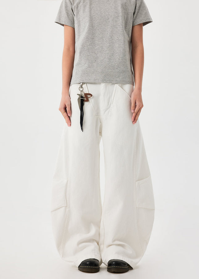Pure White Wide Leg Curved Knife Work Pants - Men’s Jeans