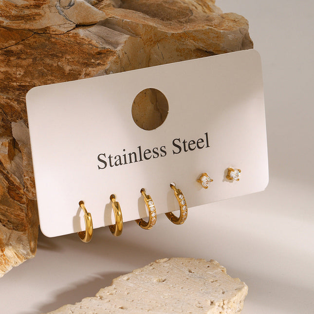 Jieding European and American three pairs of stainless steel zircon earrings high-end ins earrings titanium steel earrings cross-border earring