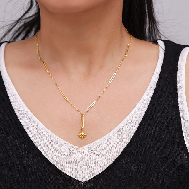 Cross-border simple rice word diamond pendant ins eight-pointed star necklace women's niche light luxury design sense titanium steel clavicle chain